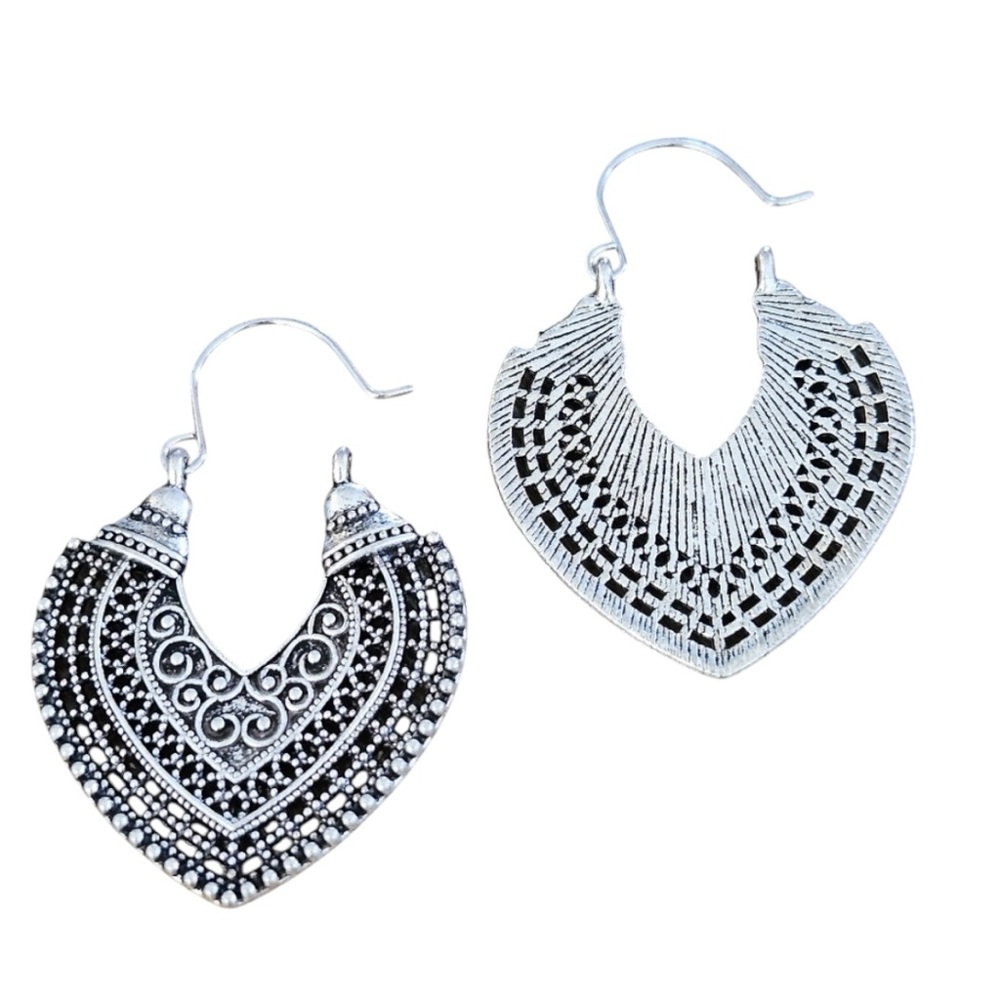 Boho Heart Charm Earrings, Tribal Flower Drop Filigree - Picture 3 of 5